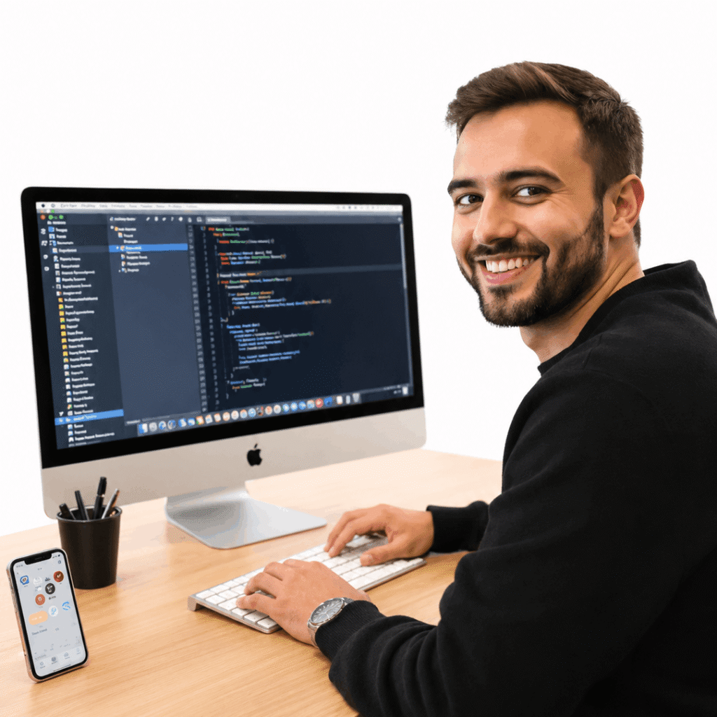 Men smilling with pc on developing at seat